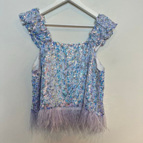 Queen of Sparkles Floral Sequin Feather Tank Purple Top Flower Glitter Medium - Picture 6 of 11